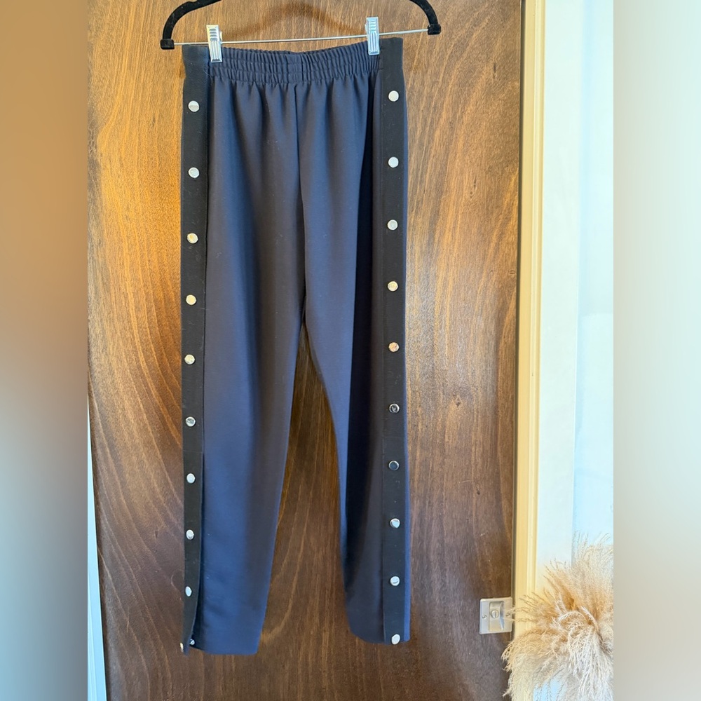 Maje Navy Blue Trousers, Black Tuxedo Stripe + Snap Detail, Size Small